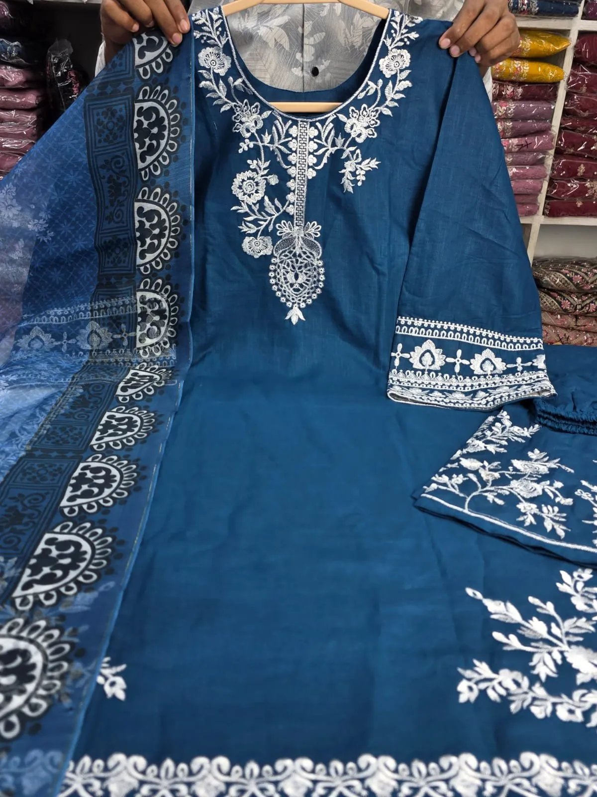 bfe1861e-9c2f-475b-860b-9977dd726aea Premium Blue Cotton Embroidered 3 Piece Suit for Women | Elegant Cotton Salwar Kameez with Printed Dupatta - Image 1
