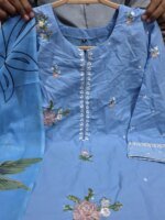Premium Sky Blue Cotton Embroidered 3 Piece Suit for Women | Floral Embroidery Cotton Salwar Kameez - Image 2