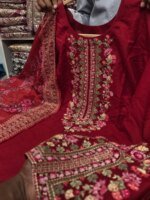 Premium Red Cotton Embroidered 3 Piece Suit for Women | Elegant Black Embroidery Cotton Salwar Kameez with Printed Dupatta - Image 3