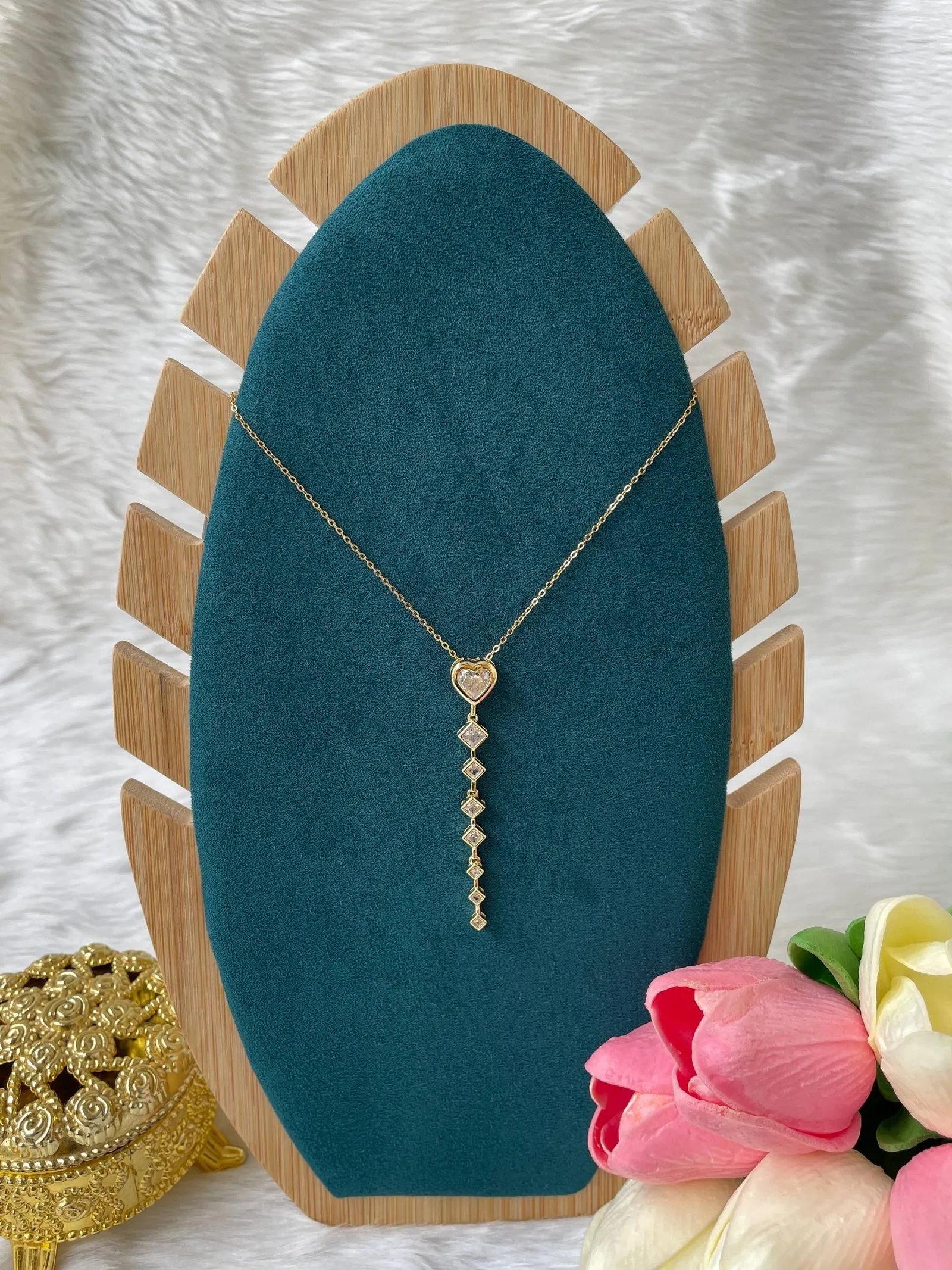 photo_6260356391377768270_w SS Stone Necklace for Women | Stainless Steel Bow & Heart Pendant Necklace | Elegant Gold-Tone Fashion Jewelry - Image 1