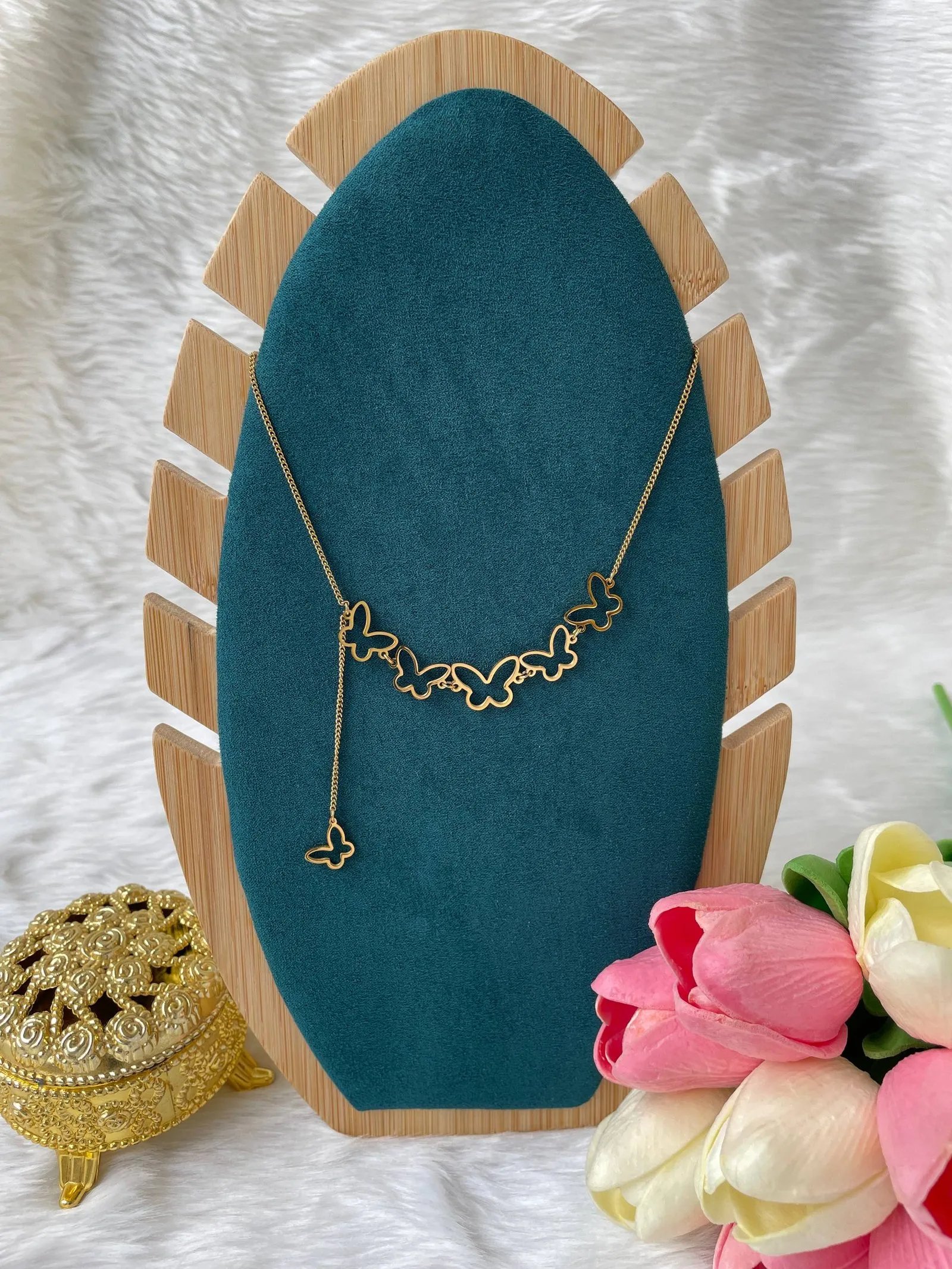 photo_6260356391377768281_w SS Stone Necklace for Women | Stainless Steel Bow & Heart Pendant Necklace | Elegant Gold-Tone Fashion Jewelry - Image 1