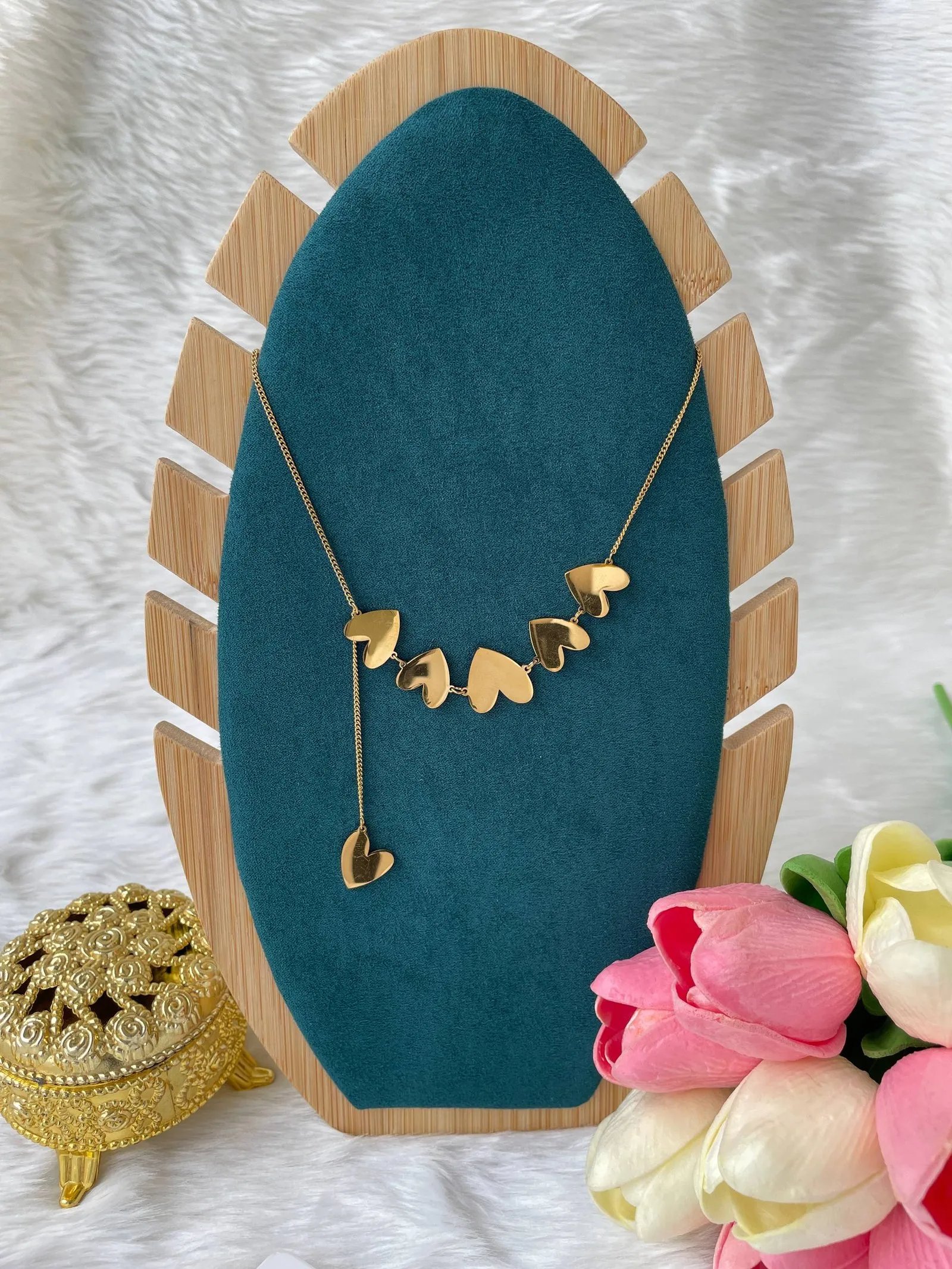 photo_6260356391377768282_w SS Stone Necklace for Women | Stainless Steel Bow & Heart Pendant Necklace | Elegant Gold-Tone Fashion Jewelry - Image 1