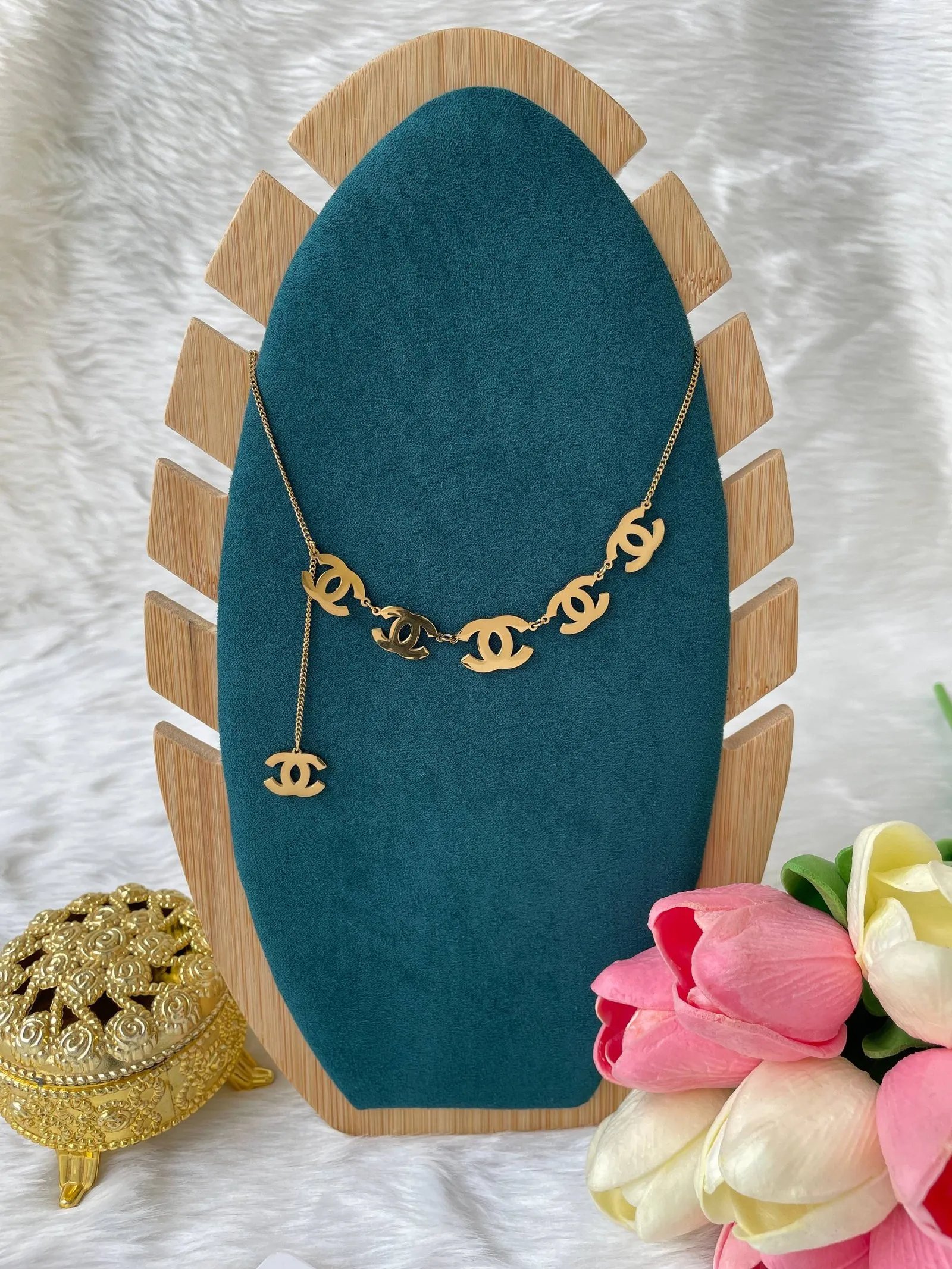 photo_6260356391377768283_w SS Stone Necklace for Women | Stainless Steel Bow & Heart Pendant Necklace | Elegant Gold-Tone Fashion Jewelry - Image 1