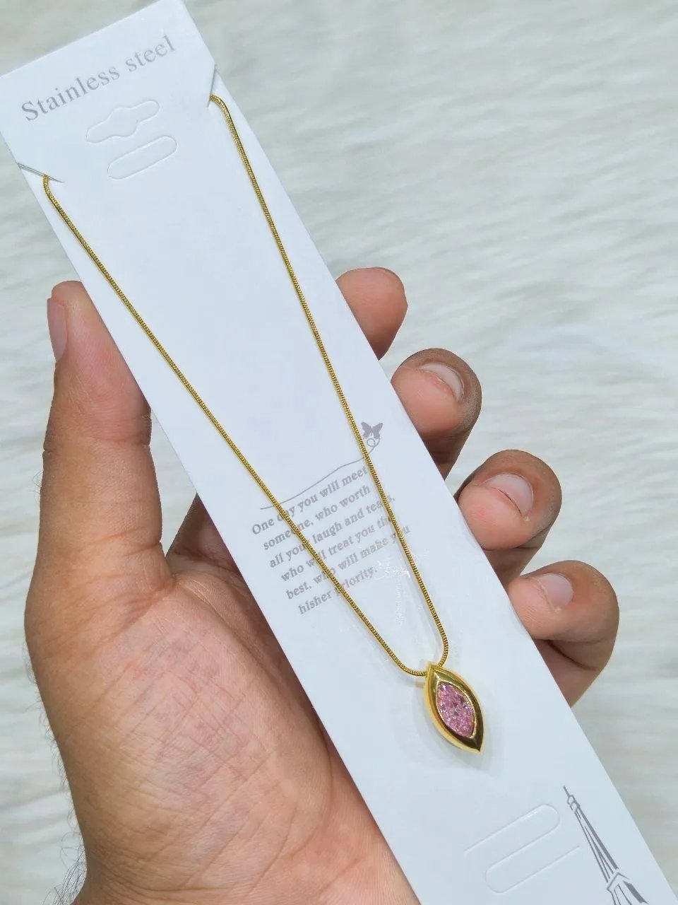 photo_6332180304835056826_y SS Stone Necklace for Women | Stainless Steel Bow & Heart Pendant Necklace | Elegant Gold-Tone Fashion Jewelry - Image 1