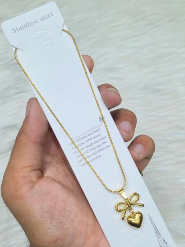 SS Stone Necklace for Women | Stainless Steel Bow & Heart Pendant Necklace | Elegant Gold-Tone Fashion Jewelry